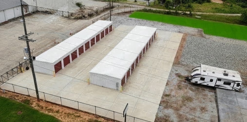 Aerial view of the Times Blvd. facility with drive-up storage units and outdoor RV parking