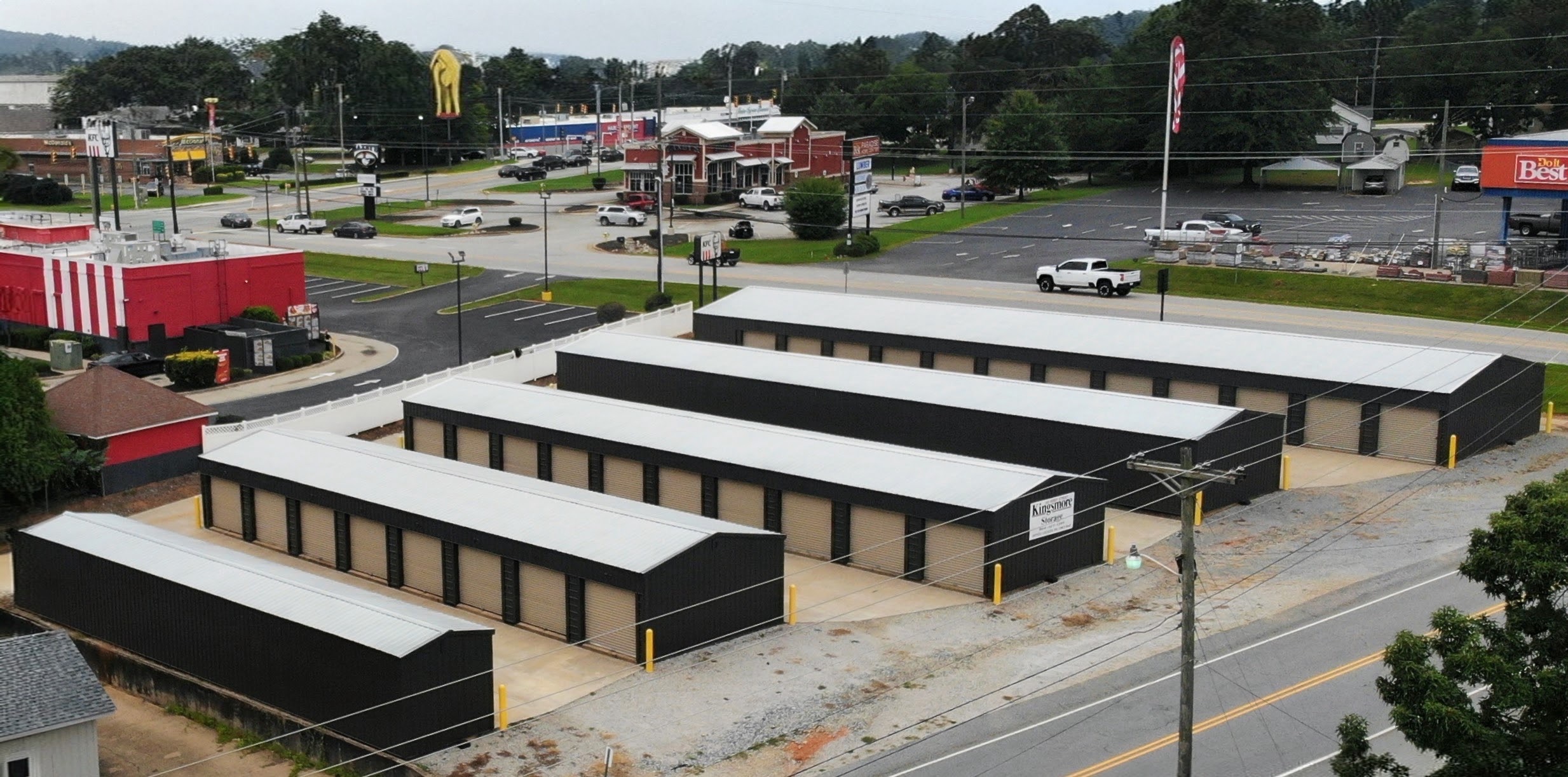 Aerial view of the Kirby St. facility with rows of drive-up storage units